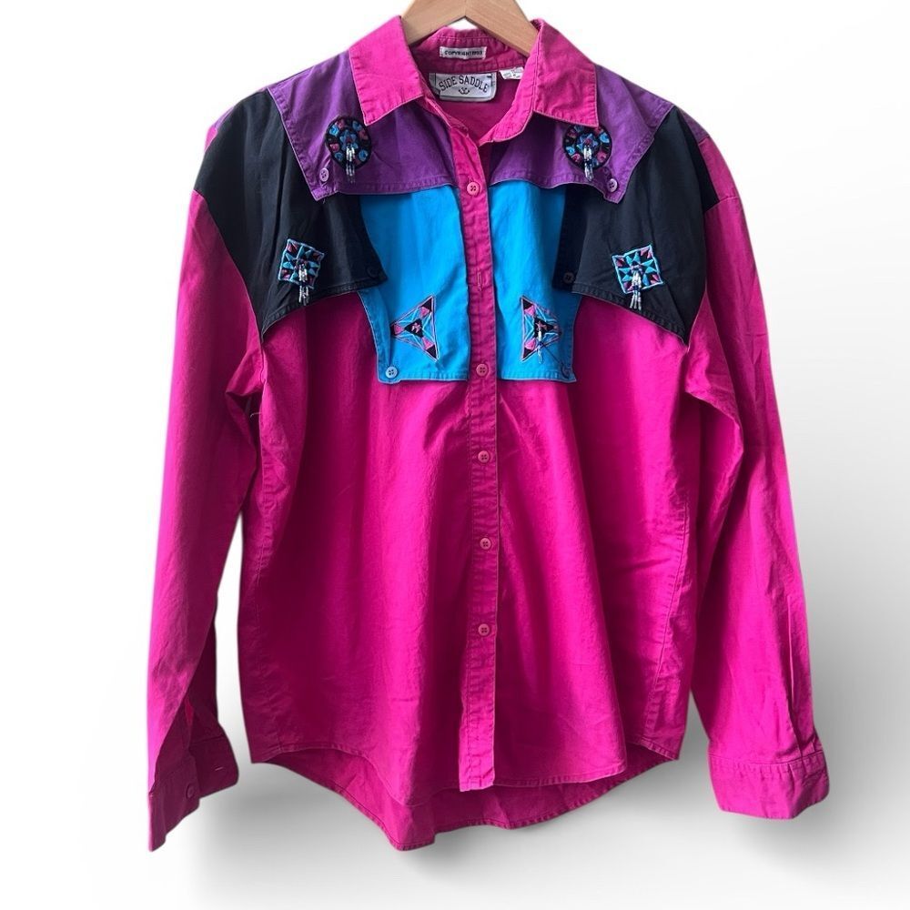 Vtg SIDE SADDLE Jeweled Bedazzled Western Rodeo Shirt 90s Sz M Hot Pink Blue